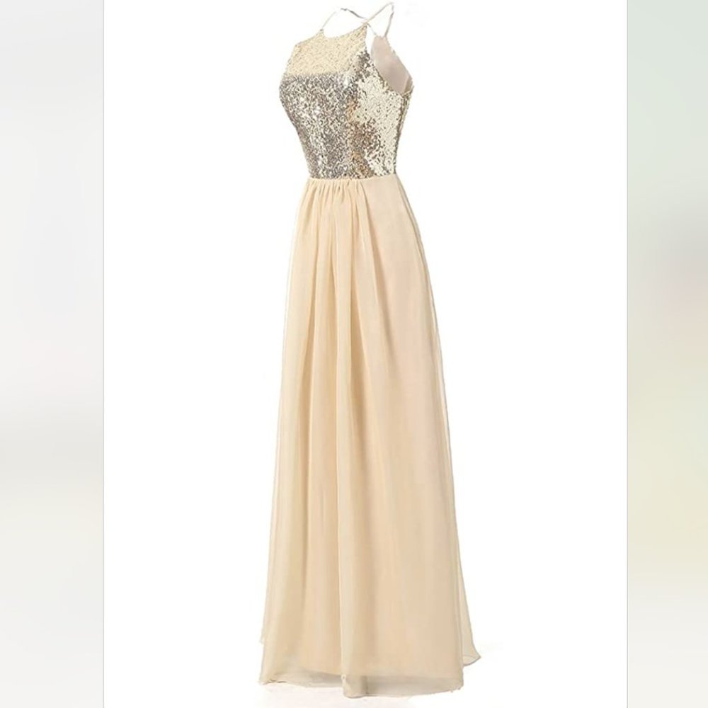 KevinsBridal Sequin Dress Halter Chiffon Champagne